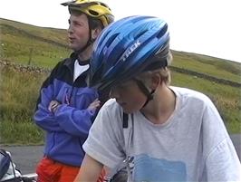 Finally at the top of the hill!  Michael and Gavin near Bowes Close, Harwood, 2.3 miles from the hostel
